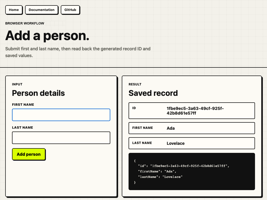 Automify browser workflow showing a saved person record